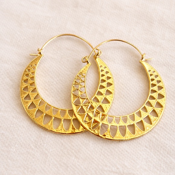 Gold Crescent Hoop Earrings – Textured Cutout Design - Picture 2 of 2
